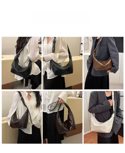 Collage of chic crescent leather bags showing different colors and various carrying styles