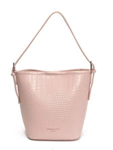 Pink faux crocodile leather bucket bag with top handle and shoulder strap for women