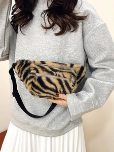 Tiger pattern plush teddy fleece crossbody chest bag with adjustable black strap