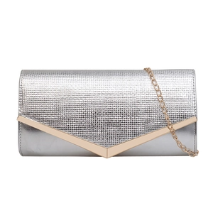Elegant silver textured envelope evening clutch bag with gold V-shape trim and chain