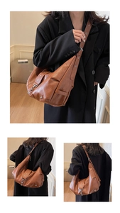 Detailed views of brown tote bag with metal rivets, star accents and soft PU leather texture