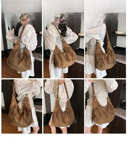 Detailed views of a brown faux suede crescent tote bag with long bohemian fringe tassels
