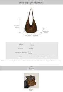Size chart showing dimensions for the large faux suede hobo bag with fringe detail