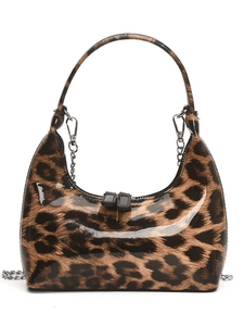 Vintage leopard print patent leather crescent handbag with silver chain strap for women
