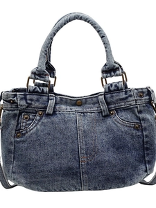 Borsa tote vintage in denim lavato con dettagli tasca jeans e grande capacità