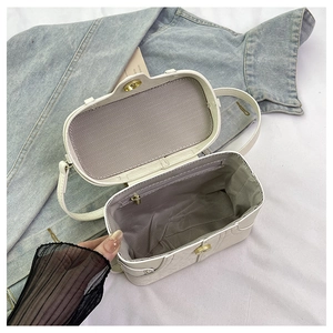 Detailed interior view of off-white hard shell vanity bag with zipper pocket and metal lock
