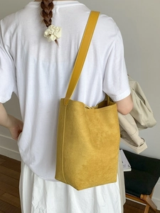 Women Korean Minimalist Design Candy Color Bucket Bag Large Capacity Suede Texture PU Leather Shoulder Bag Daily Tote Bag