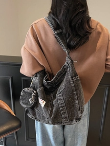 Retro washed denim crossbody bag for students featuring large capacity and small round pouch