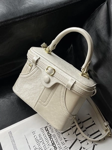 Retro cream white hard shell square handbag with gold lock and leather shoulder strap