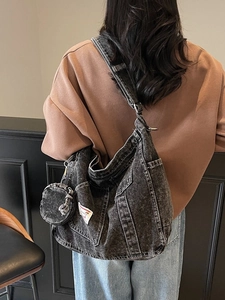 Vintage large capacity black washed denim crossbody bag for students with a small coin pouch
