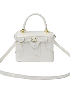 Retro white leather box handbag with denim-style pocket stitching and gold hardware details
