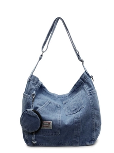Blue denim hobo shoulder bag with adjustable strap and small round coin purse