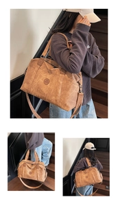 Borsa da viaggio vintage marrone mostrata lateralmente, frontalmente e sul retro
