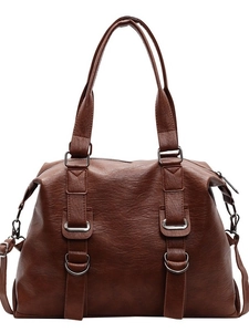 Large capacity dark brown faux leather tote bag with silver metal buckles and shoulder strap