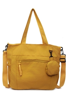 Bright yellow nylon tote bag with adjustable shoulder strap and round coin purse