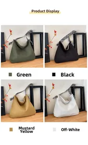 Detail showing striped canvas tote bags in green, black, yellow, and off-white colors