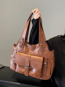 Women Vintage PU Leather Shoulder Bag Large Capacity Commuter Handbag Multi Pocket Retro Tote Bag Office Travel Crossbody Bag