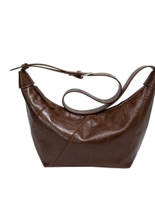 Retro dark brown dumpling shoulder bag in shiny oil wax leather for women