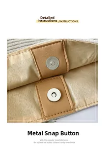 Detail of metal magnetic snap button on corduroy shoulder bag with leather reinforcement