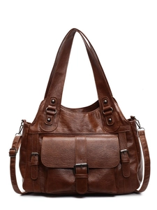 Retro brown soft leather tote bag with multi-pocket design and adjustable shoulder strap
