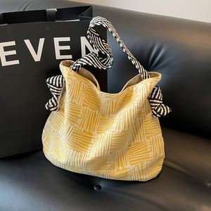 Women Casual Corduroy Tote Bag Large Capacity Striped Shoulder Bag With Geometric Knot Strap Retro Daily Commuter Handbag