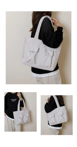 Detailed views of light grey nylon tote bag showing front utility pockets and side carry