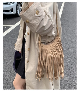 Detail of warm khaki bohemian fringe crossbody bag with soft suede texture and tassels