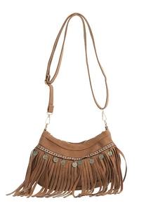 Sac bandoulière bohème marron en suédine avec franges et motifs rivets vintage