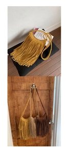 Detail of bohemian fringe crossbody bags in ginger, beige and dark brown suede finish
