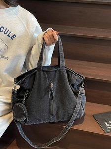 Women Large Capacity Denim Tote Bag Vintage Washed Canvas Shoulder Bag With Round Coin Purse Crossbody Handbag Daily Bag