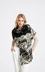 Macro detail of Chinese landscape ink painting pattern on thick faux cashmere scarf