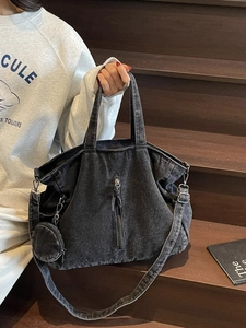 Large dark grey washed denim tote bag with long strap and small round coin purse