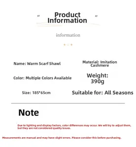 Detailed size and material specification chart for faux cashmere gradient scarf shawl