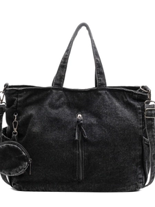 Black washed denim tote bag with tassel zipper, shoulder strap and coin purse