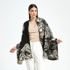 Detailed view of thick scarf fringe and traditional Chinese mountain landscape pattern