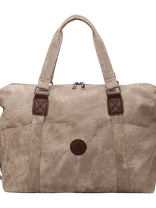 Borsone da viaggio vintage in tela capiente con manici e patch logo in pelle color kaki