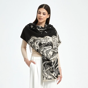 Chinese Style Landscape Pattern Imitation Cashmere Shawl For Women Winter Warm Jacquard Scarf With Tassels Retro Elegant Pashmina Wrap