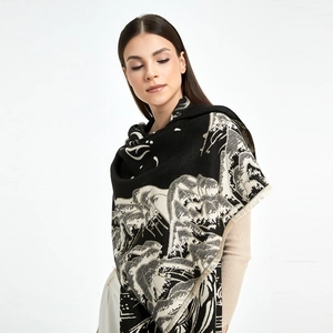 Detail of Chinese style faux cashmere shawl with black gradient mountain and cloud patterns