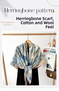 Detail showing herringbone pattern print on large square scarf with wool feel texture