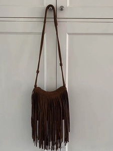 Retro bohemian dark brown suede crossbody bag with long tassels and shoulder strap