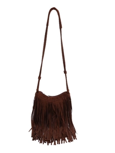 Bohemian brown tassel shoulder bag with fringe detail and adjustable strap on white background