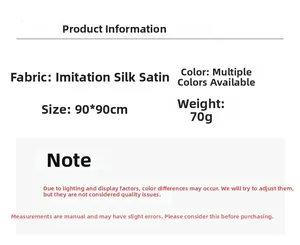 Detailed size chart and fabric specifications for the 90cm satin square headscarf