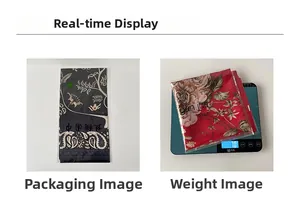 Detail view of 90cm printed silk scarf packaging and weight measurement on a digital scale
