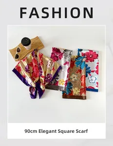 Detail view of 90cm elegant printed satin square scarf with vintage floral patterns