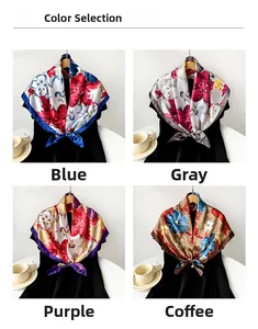 Detailed color selection showing blue, gray, purple and coffee satin floral scarves