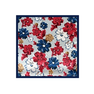 Flat lay view of square floral satin scarf with navy border and detailed flower print