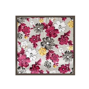 Detail of floral print satin scarf with rose, grey and yellow petals on light grey base