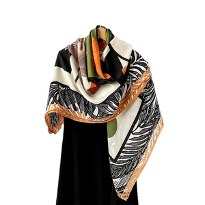 Luxurious herringbone silk shawl with tropical plant and geometric patterns for women
