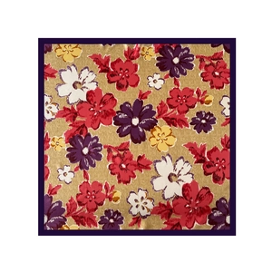 Detailed flat lay of a satin square scarf featuring vintage floral patterns and purple edges