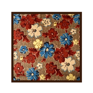 Close-up of 90cm satin square scarf with vibrant floral pattern and brown border
